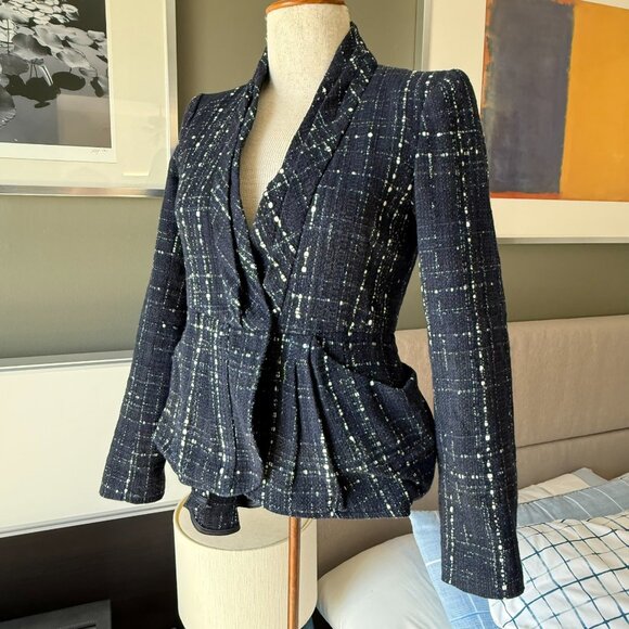 Nanette Lepore Maddalena Tweed Navy Blue Blazer Belted Mermaid Asymmetric Sz 0 - Picture 7 of 12